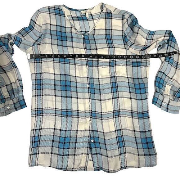 Joie Blue Multi Color Plaid Silk Shirt Medium Button Up Roll Tab Sleeves - Picture 11 of 15